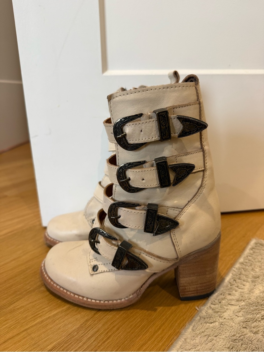 Freebies - White/Cream Women's Buckle Strap Leather Boots - 6 - Picture 2 of 7